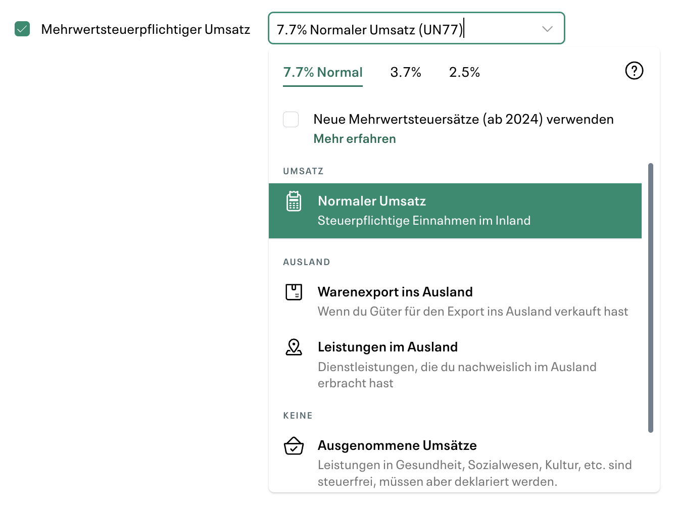 Steuertyp für Einnahmen auswählen