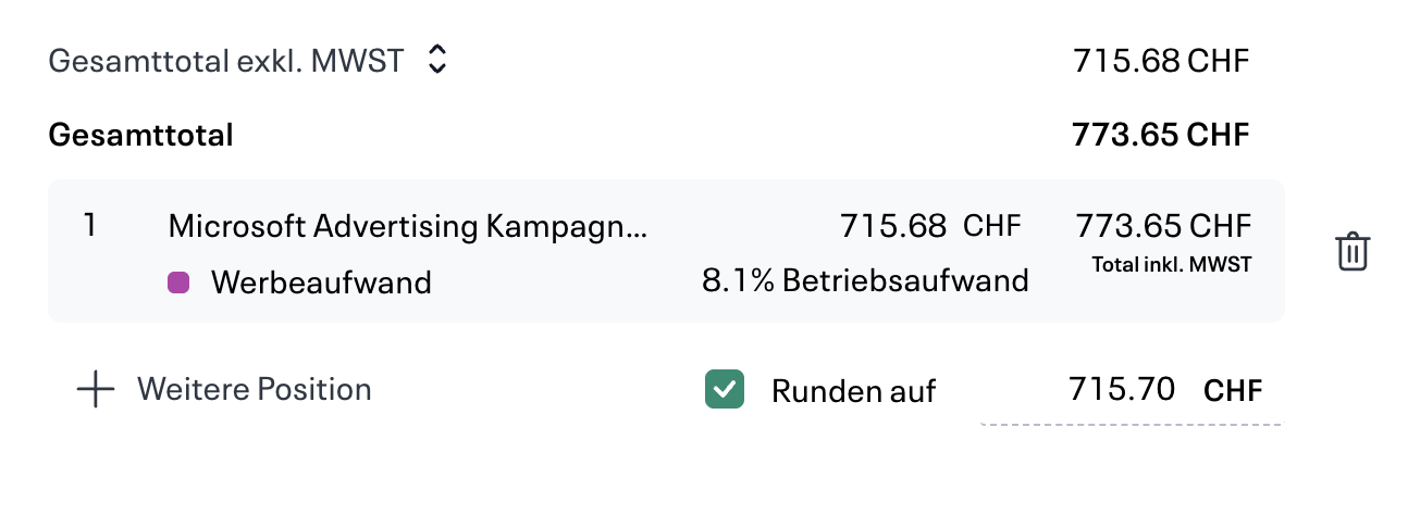 Option «Runden auf» unterhalb der Rechnungspositionen