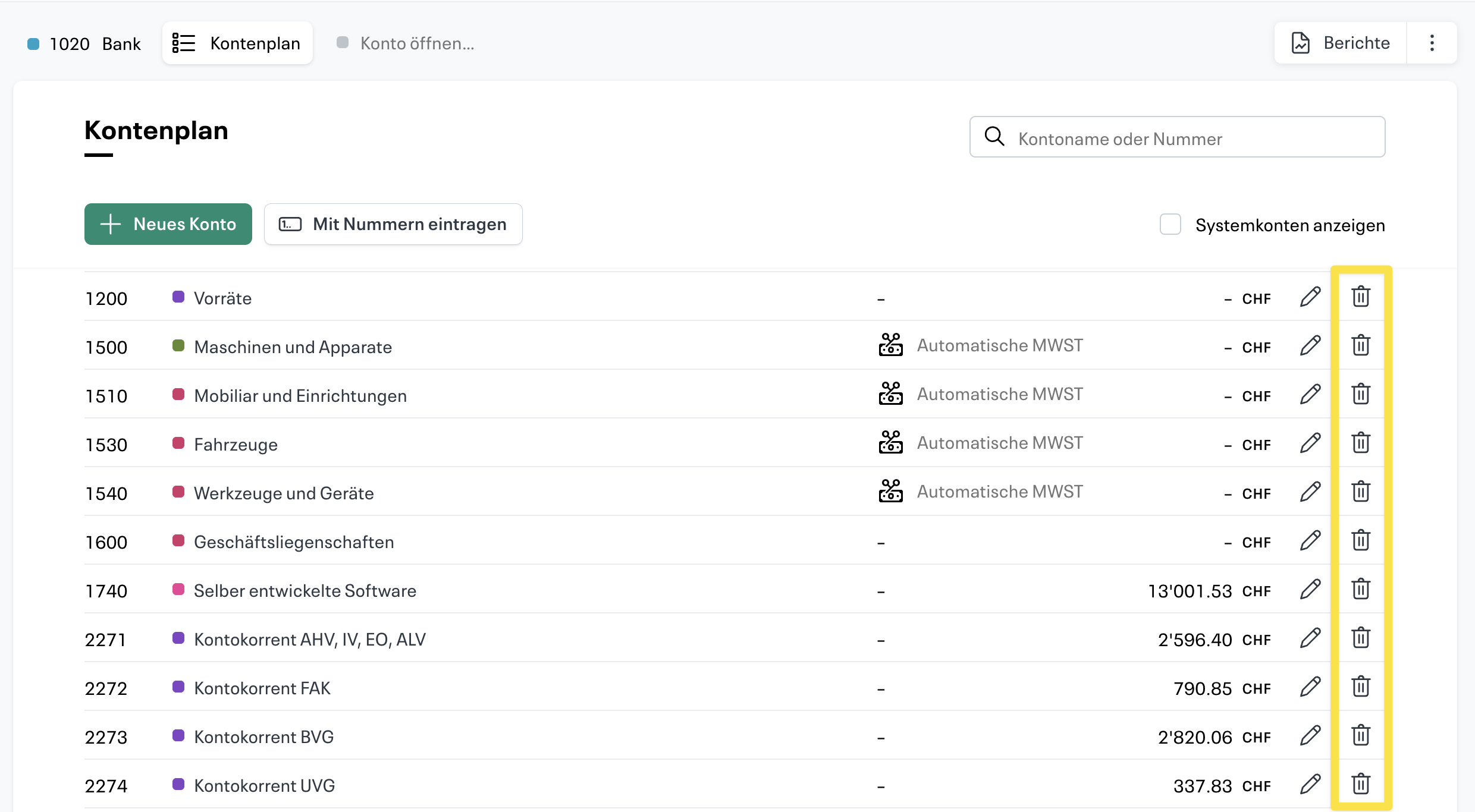 Konten löschen über Papierkorbsymbol