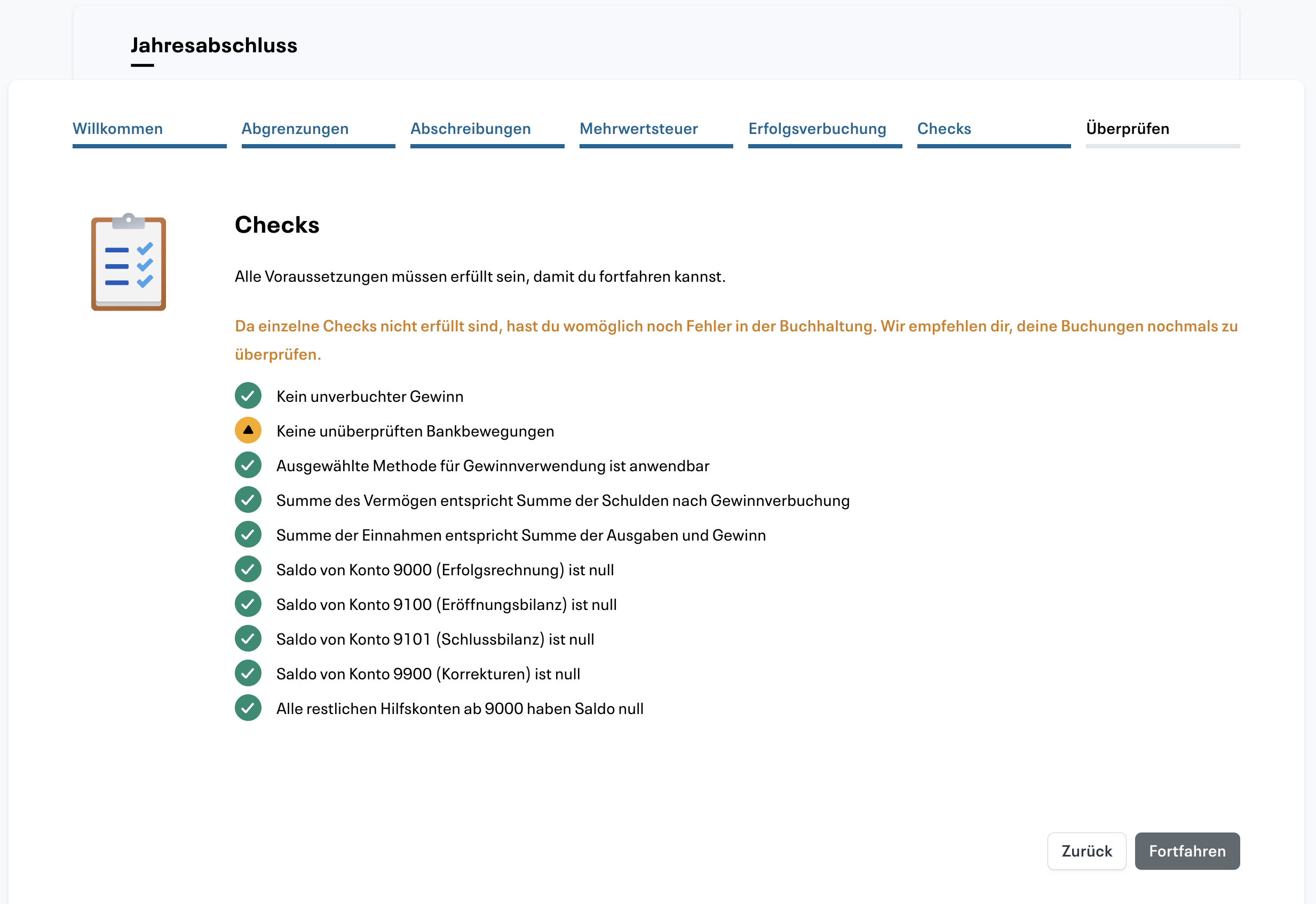 Darstellung der Checks im Jahresabschluss-Assistenten