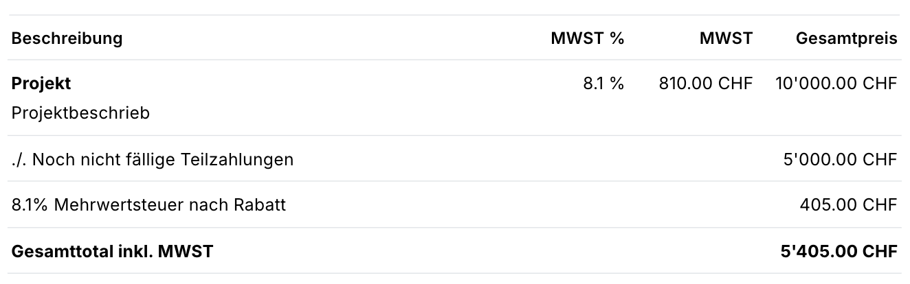 1. Teilzahlung: Projekt für CHF 10'000 exkl. MWST, mit Rabattposition “Noch nicht fällige Teilzahlungen” zu 5'000 CHF