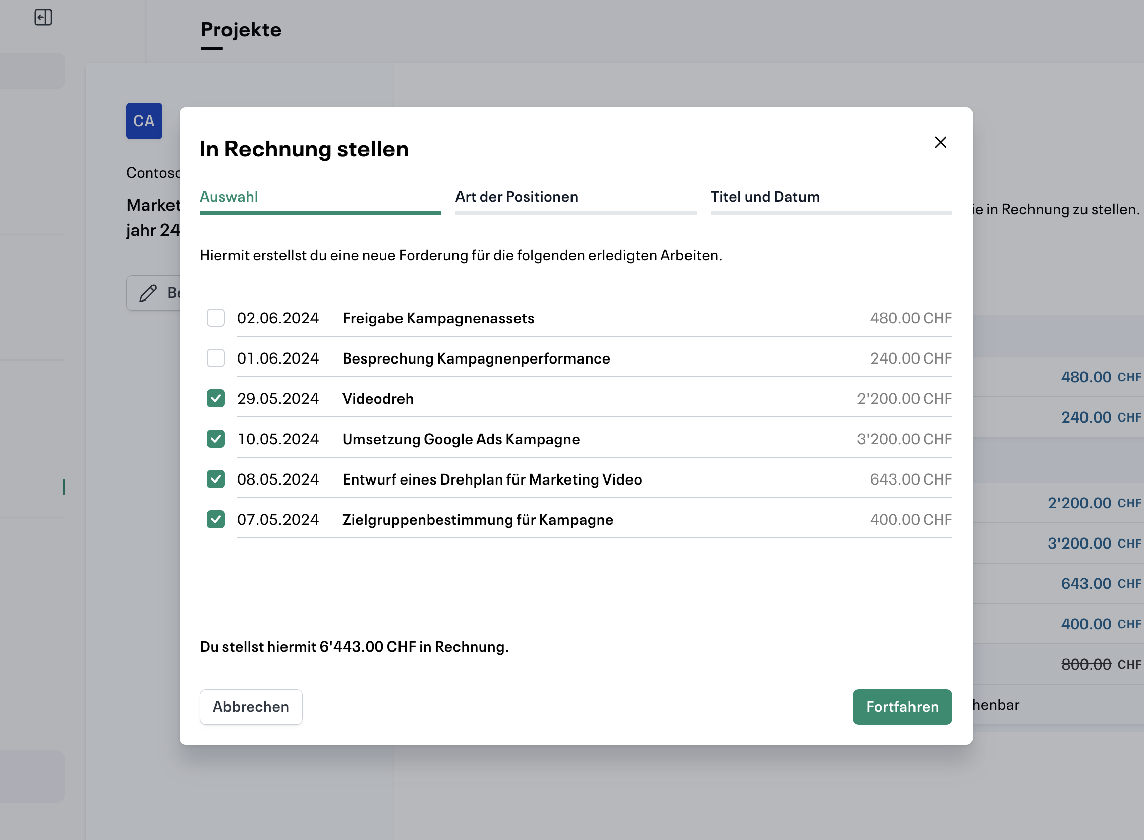 Teilrechnungen über Projekte stellen
