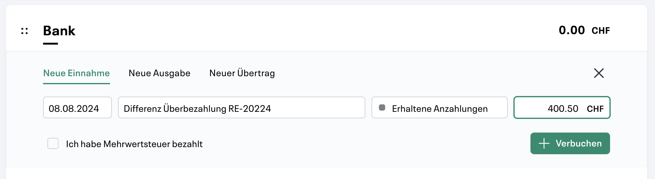Manuelle Buchung mit Gegenkonto Erhaltene Anzahlungen erstellen
