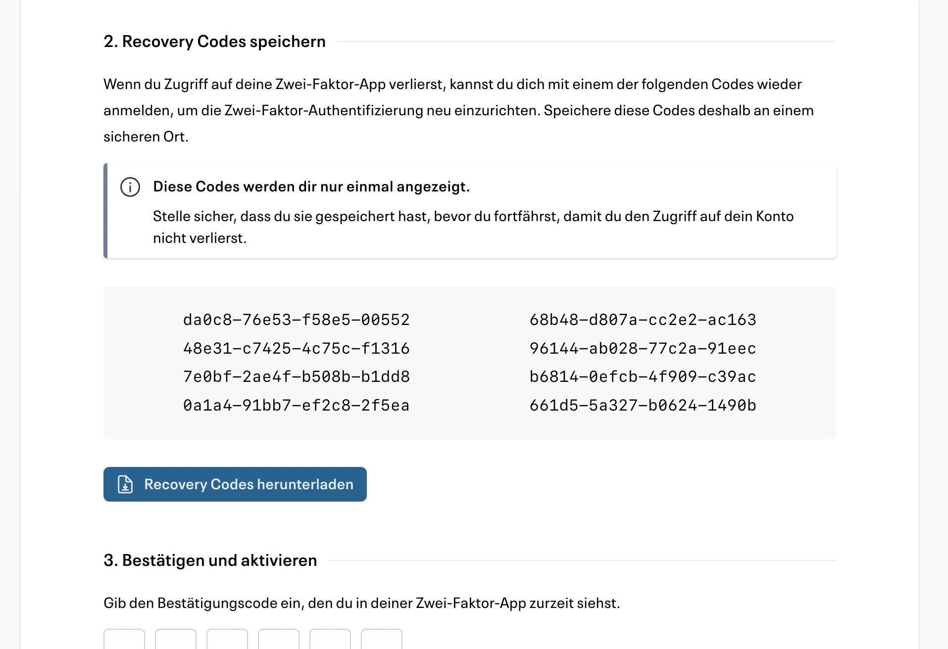 Recovery Codes speichern