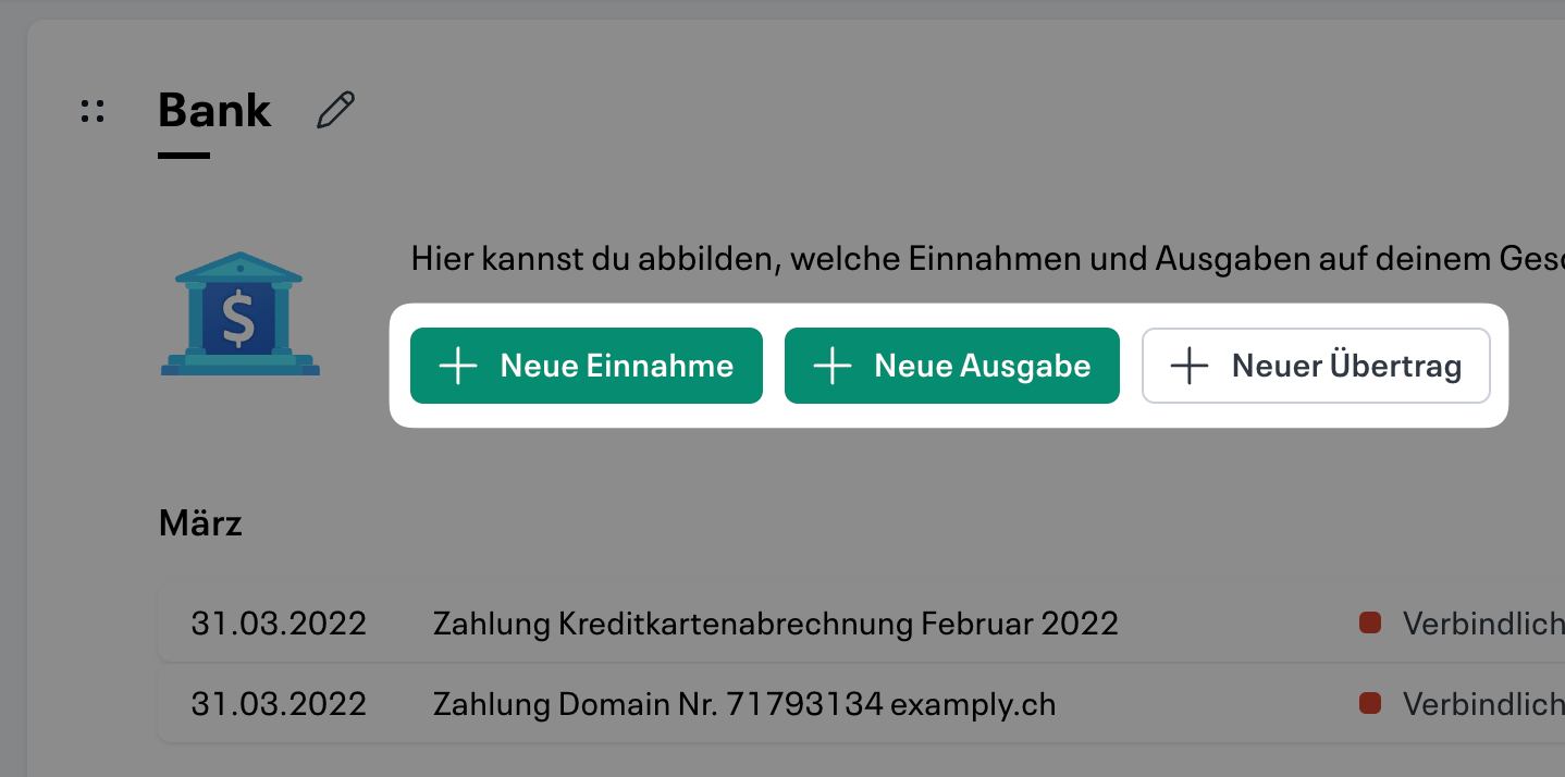 Neue Buchung im Konto erstellen über "Neue Einnahme" oder "Neue Ausgabe"