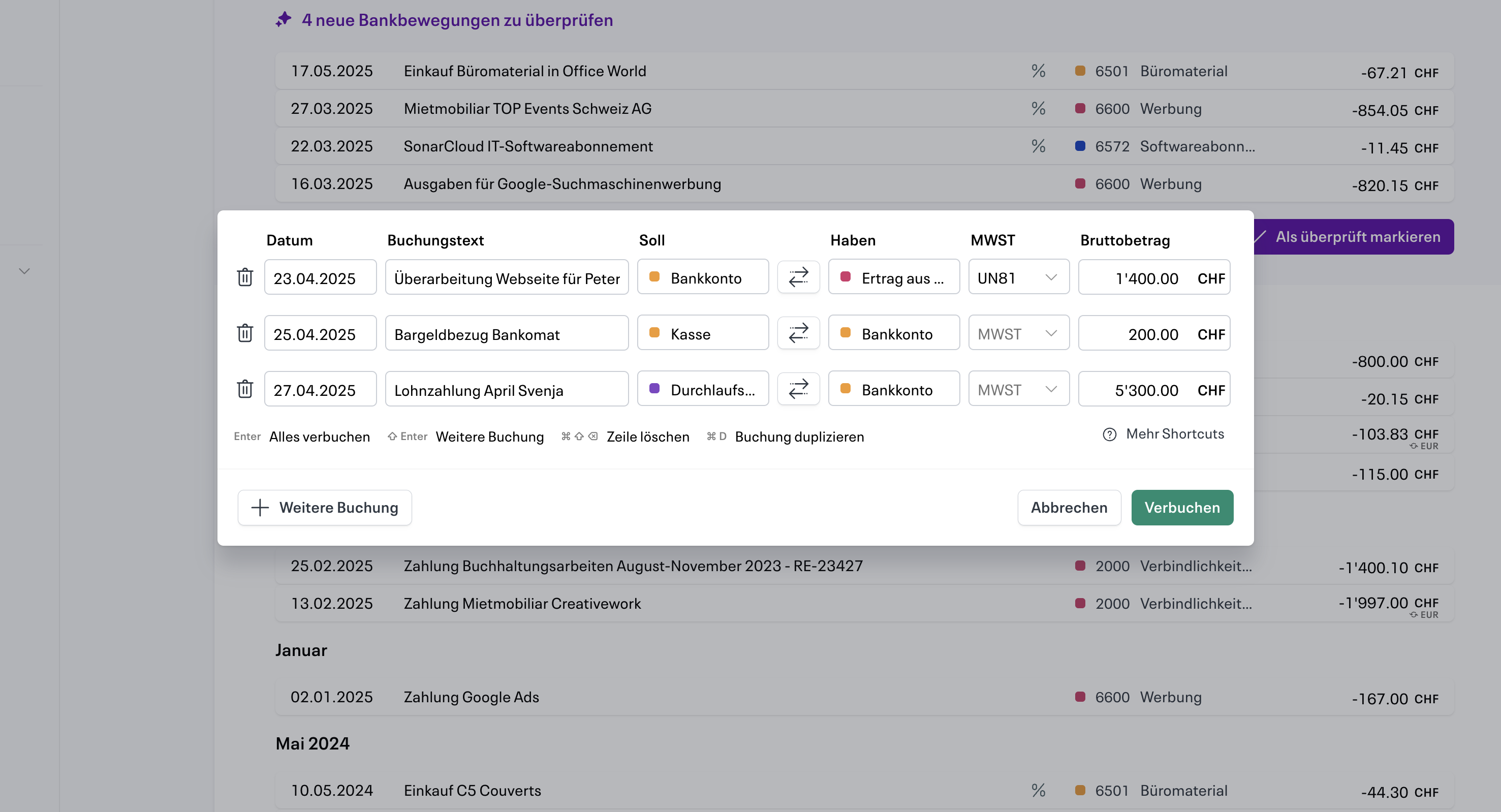 Buchungsfenster von Quick Commit