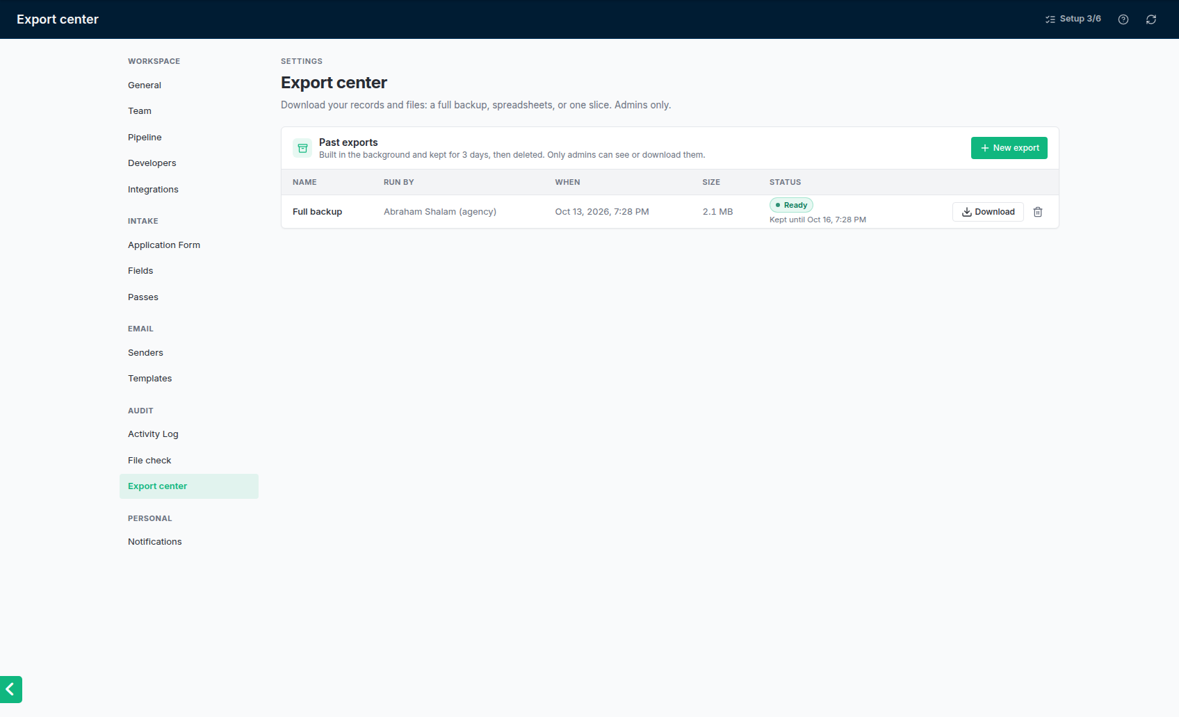 Past exports in Settings → Export center, each with Download until it expires.