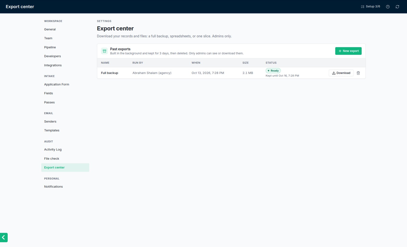 Past exports in Settings → Export center, each with Download until it expires.