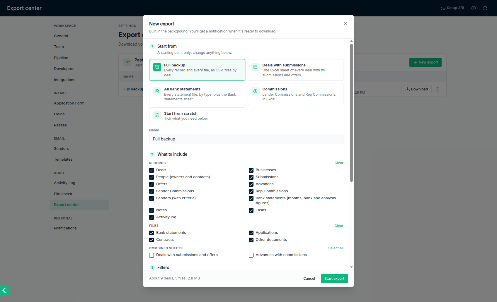 New export: a preset, what to include, filters and format, with the size estimate at the bottom.