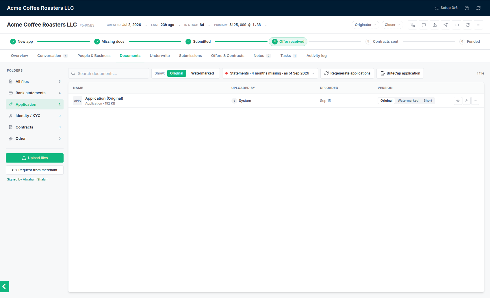 The deal's Documents tab, Application folder, with the BriteCap application button.