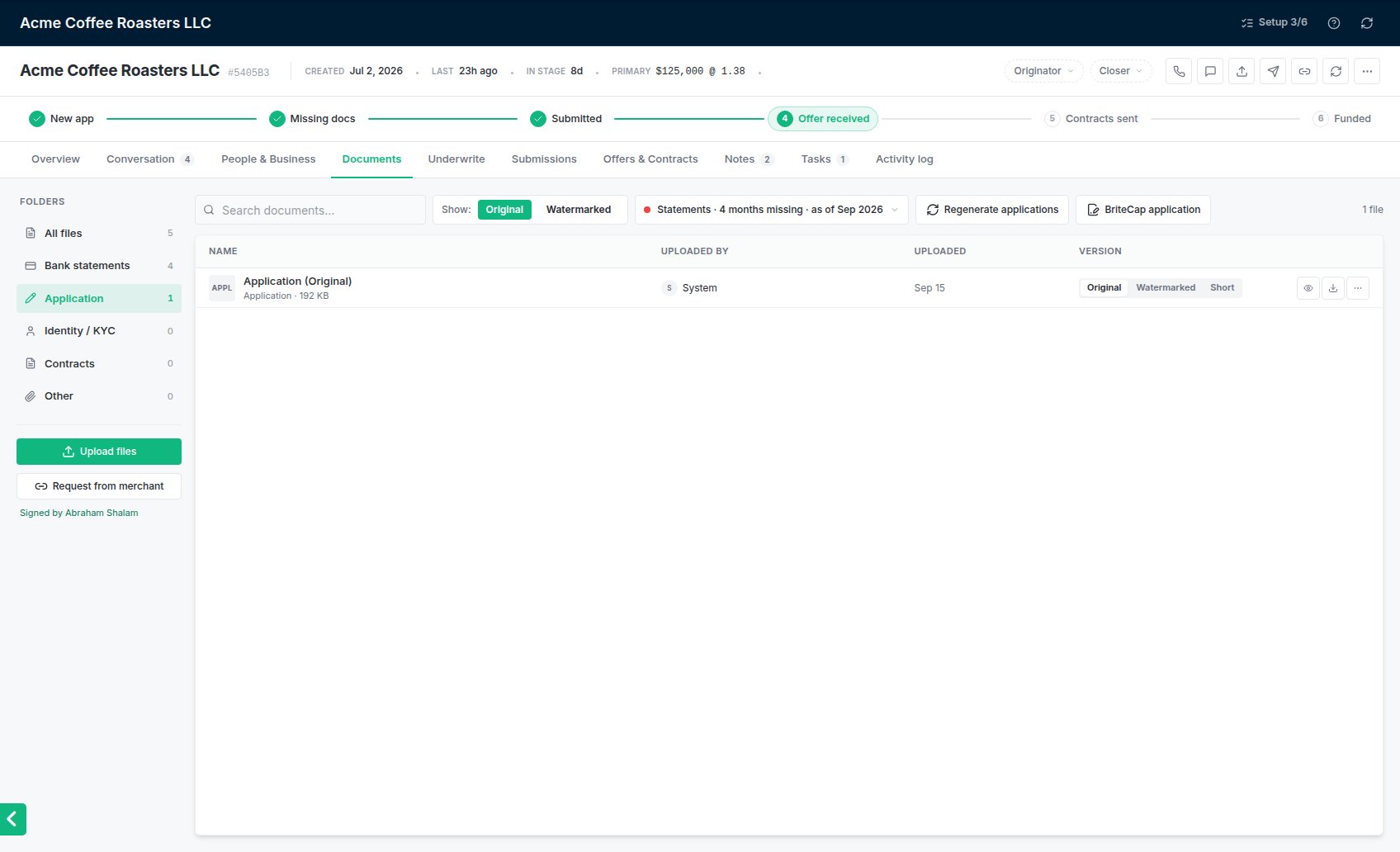 The deal's Documents tab, Application folder, with the BriteCap application button.