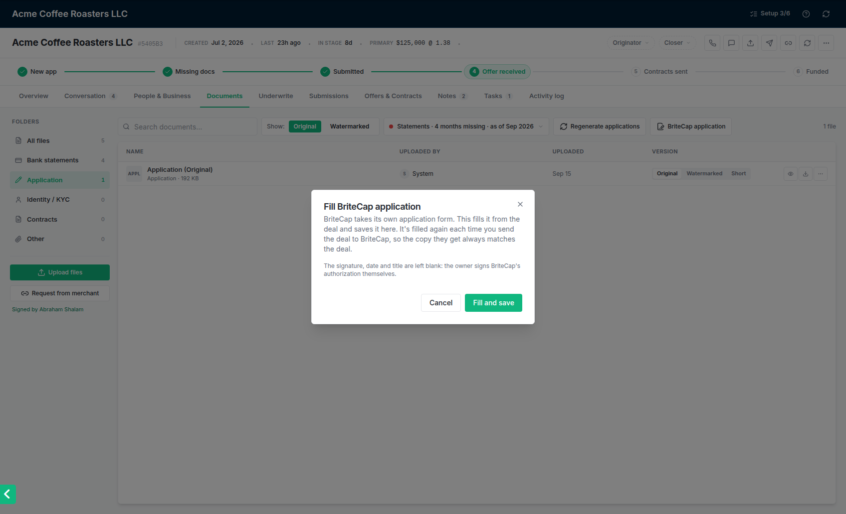 The Fill BriteCap application window with Fill and save.