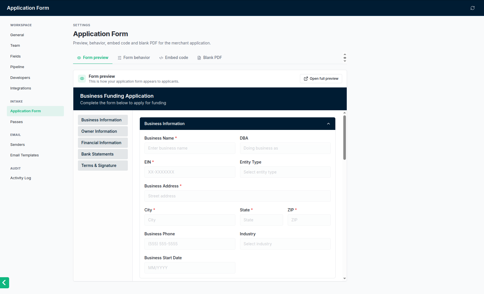 Settings → Application Form: preview, behaviour, embed code and the blank PDF.