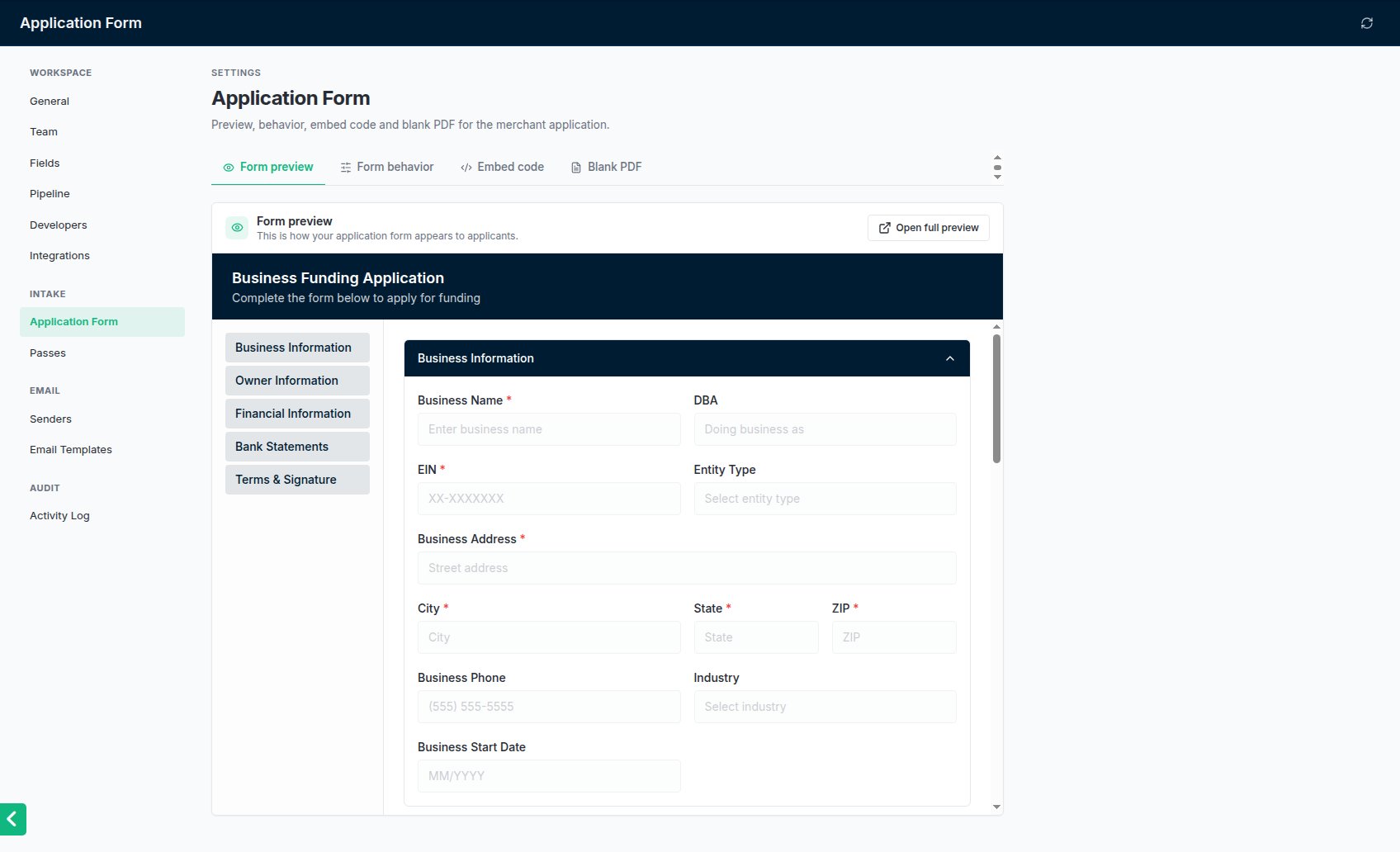 Settings → Application Form: preview, behaviour, embed code and the blank PDF.