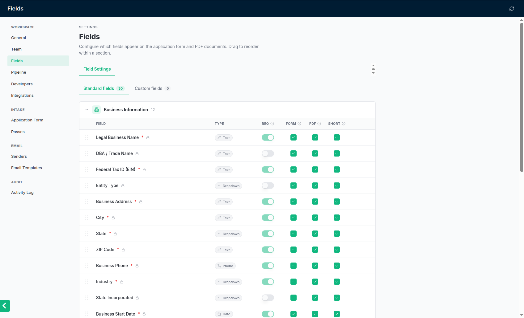 Settings → Fields: which fields the application form and PDFs show, section by section.