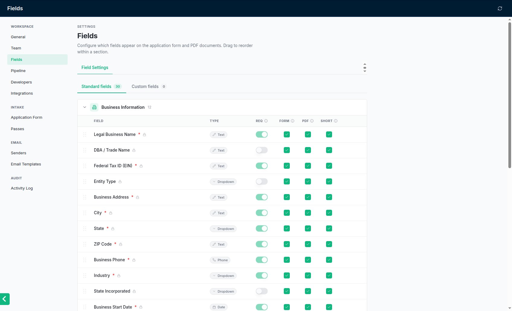 Settings → Fields: which fields the application form and PDFs show, section by section.