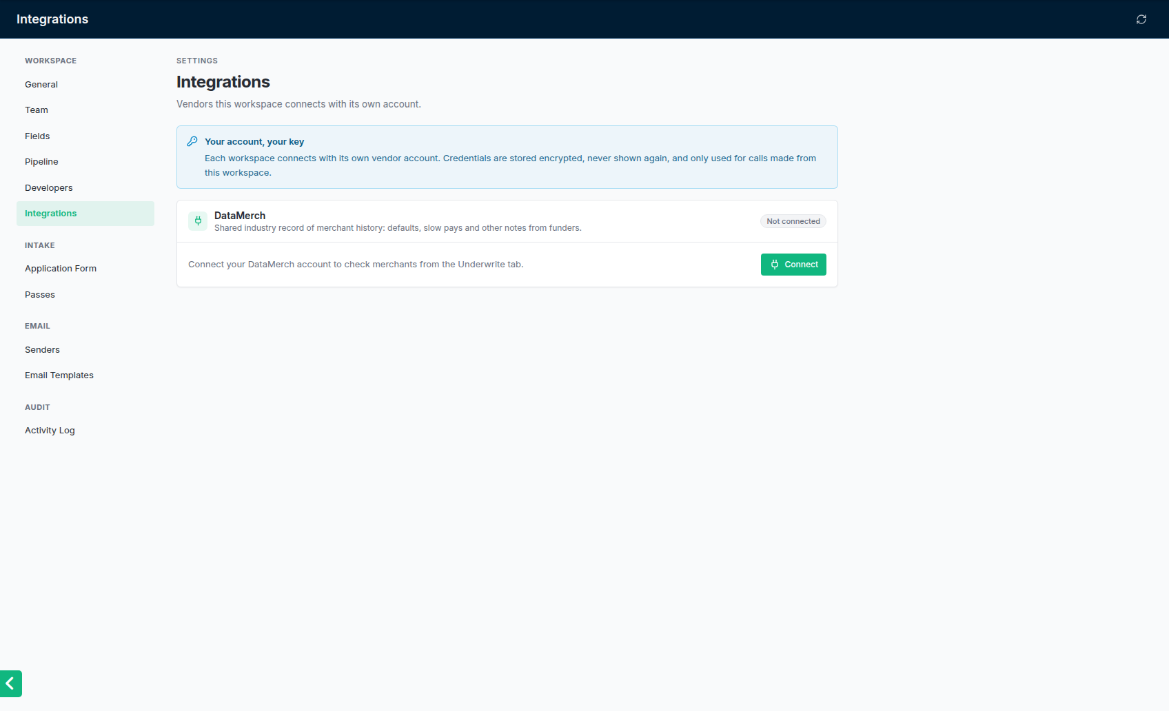 Settings → Integrations before DataMerch is connected.