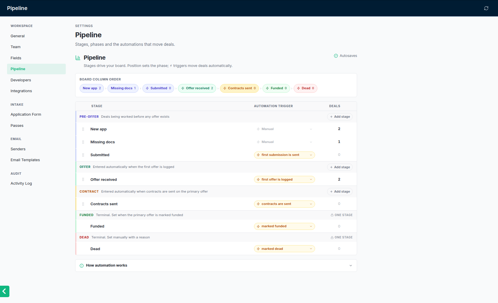 Settings → Pipeline: stages, their phase and colour, and the event that moves a deal into each.