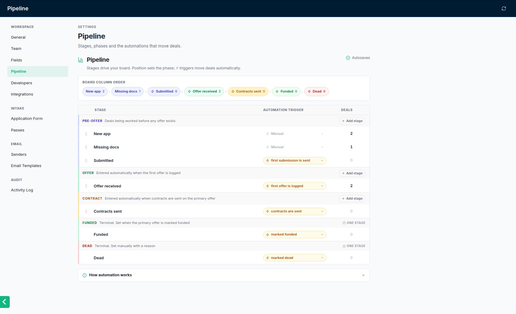 Settings → Pipeline: stages, their phase and colour, and the event that moves a deal into each.