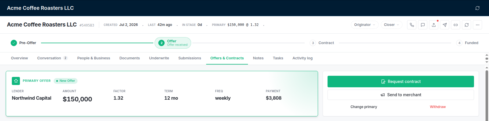 The primary offer, with Request contract and Send to merchant beside it.