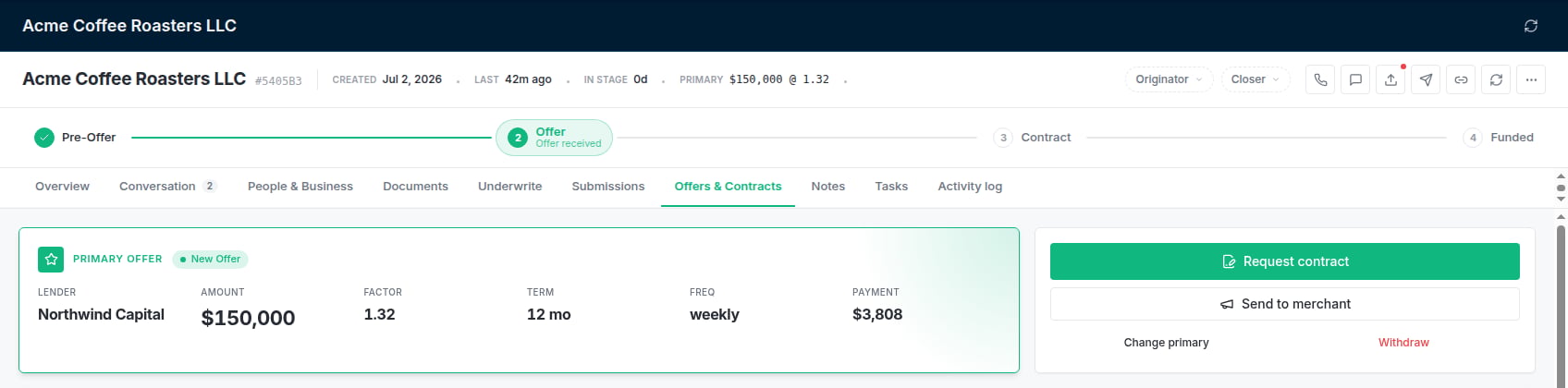 The primary offer, with Request contract and Send to merchant beside it.