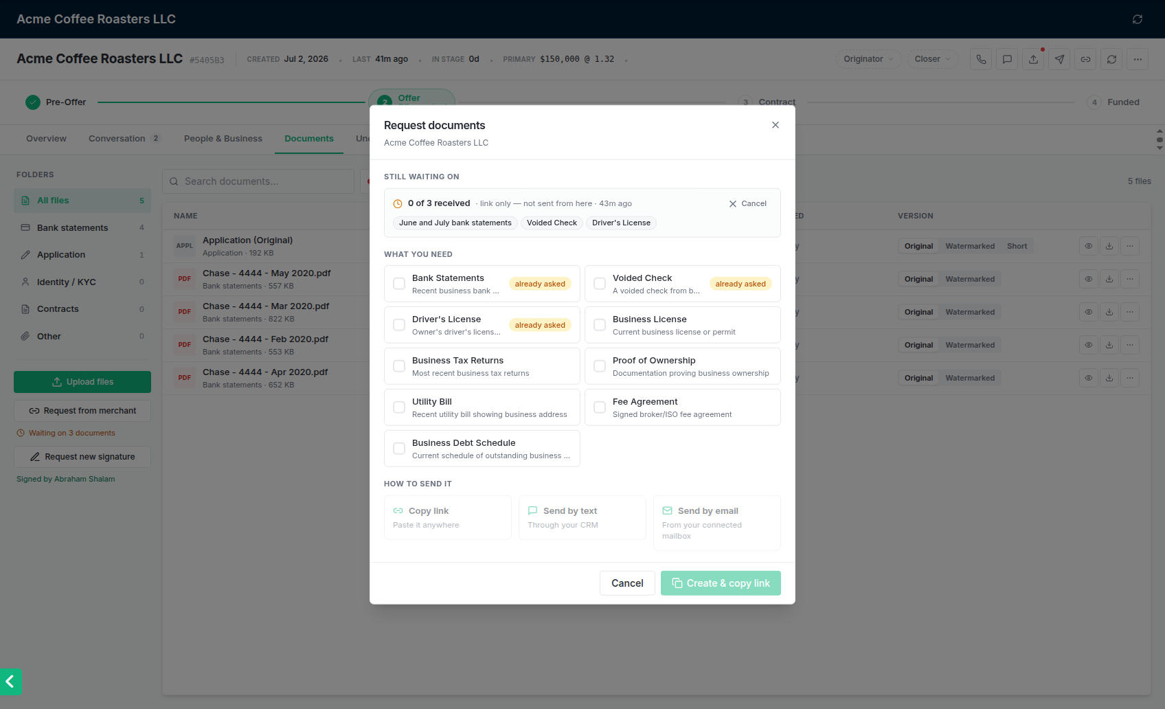 Request documents: what is still outstanding at the top, what to ask for, and how to send it.