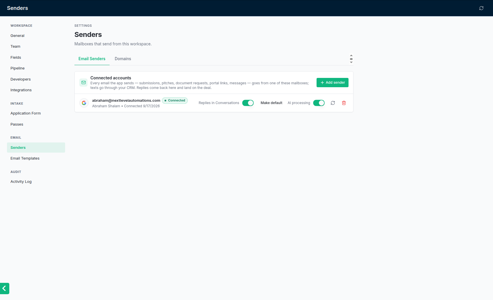 Settings → Senders with one mailbox connected.