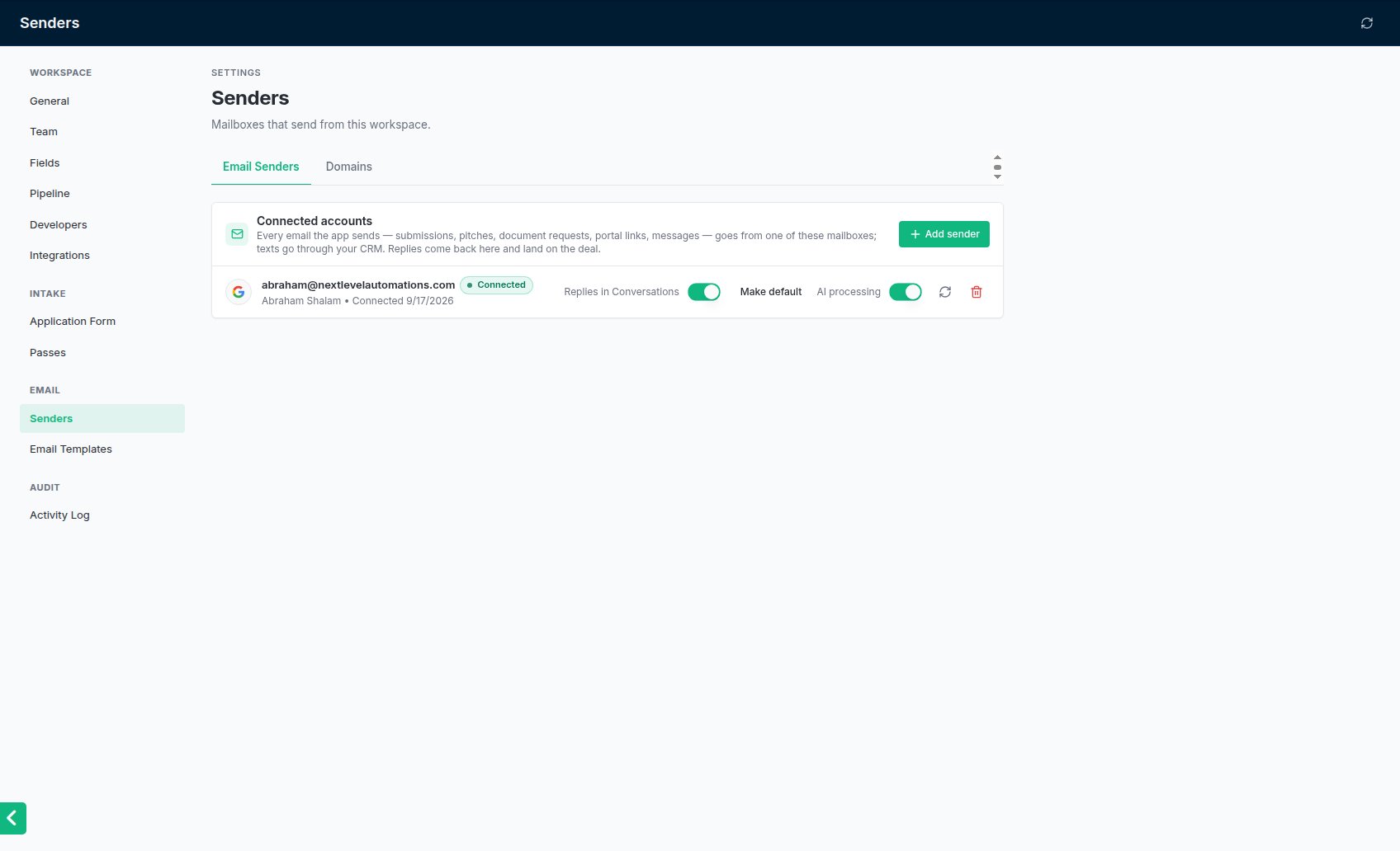 Settings → Senders with one mailbox connected.