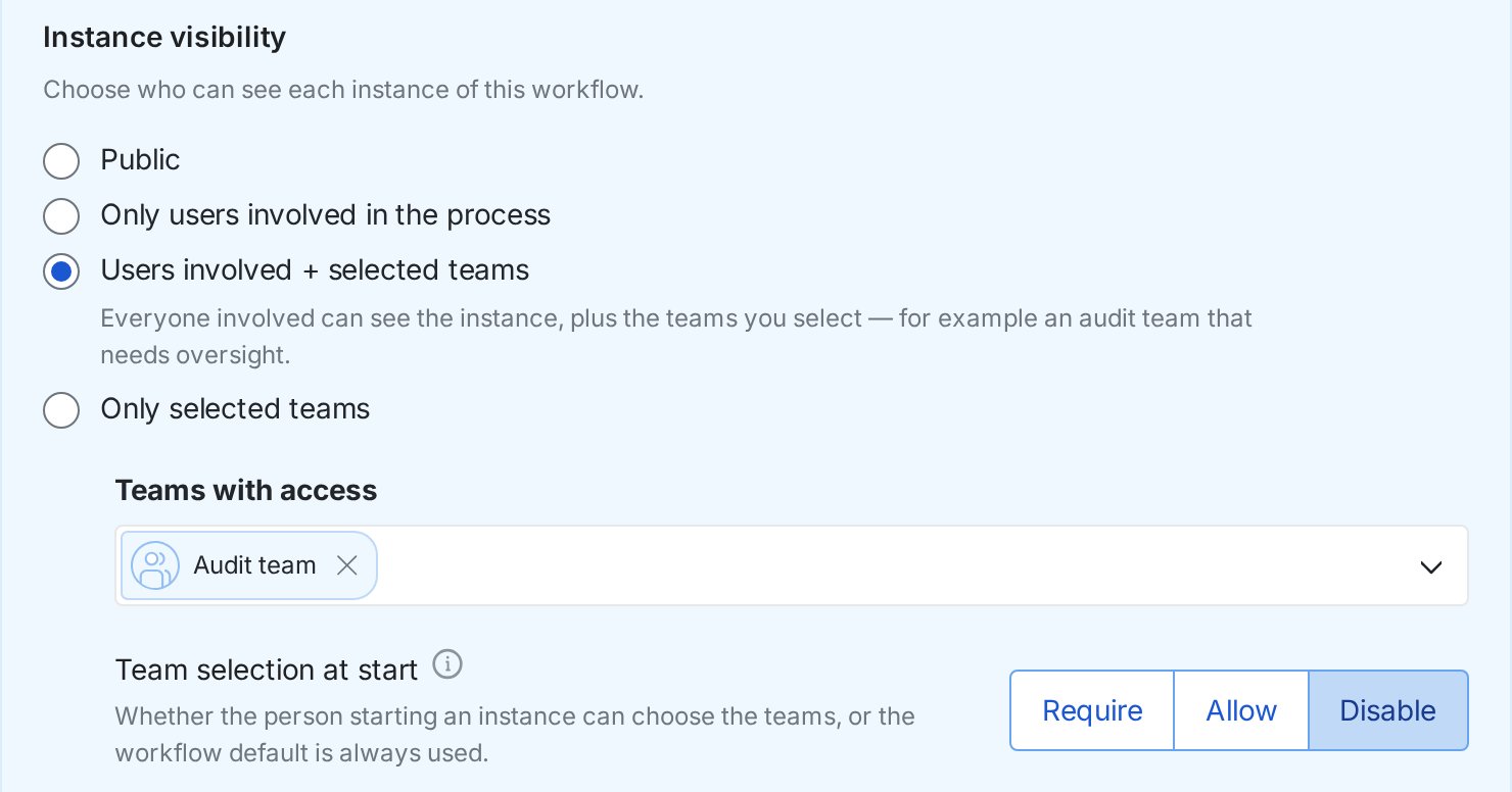 Image of the Instance visibility settings in Workflow start options, with Users involved + selected teams chosen and Audit team added to Teams with access