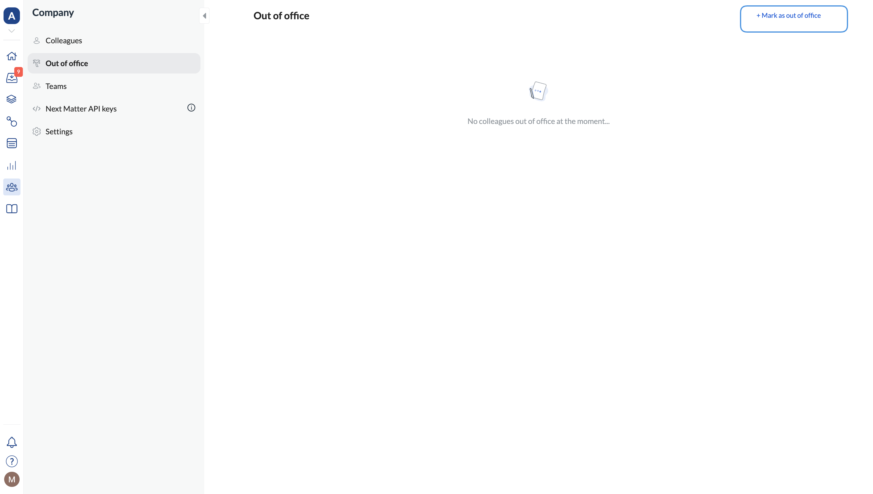 Image of the out of office button on the out of office settings page