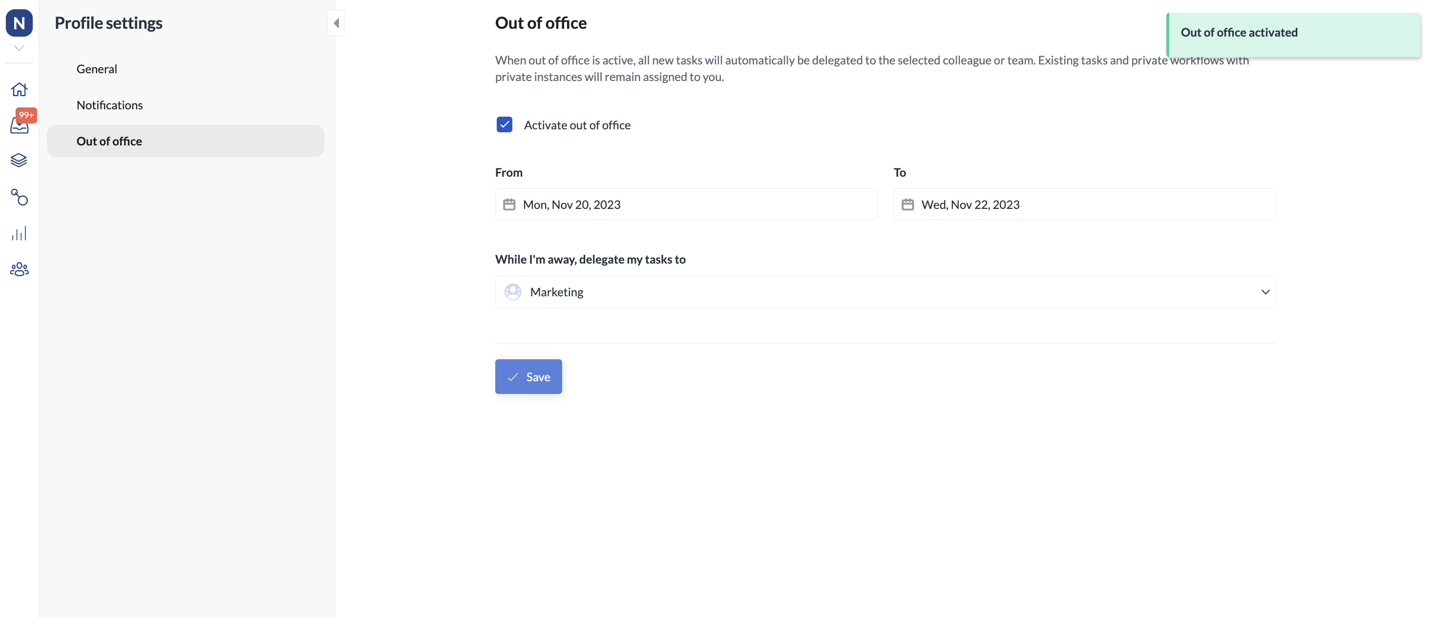 Image of the activated out of office setting