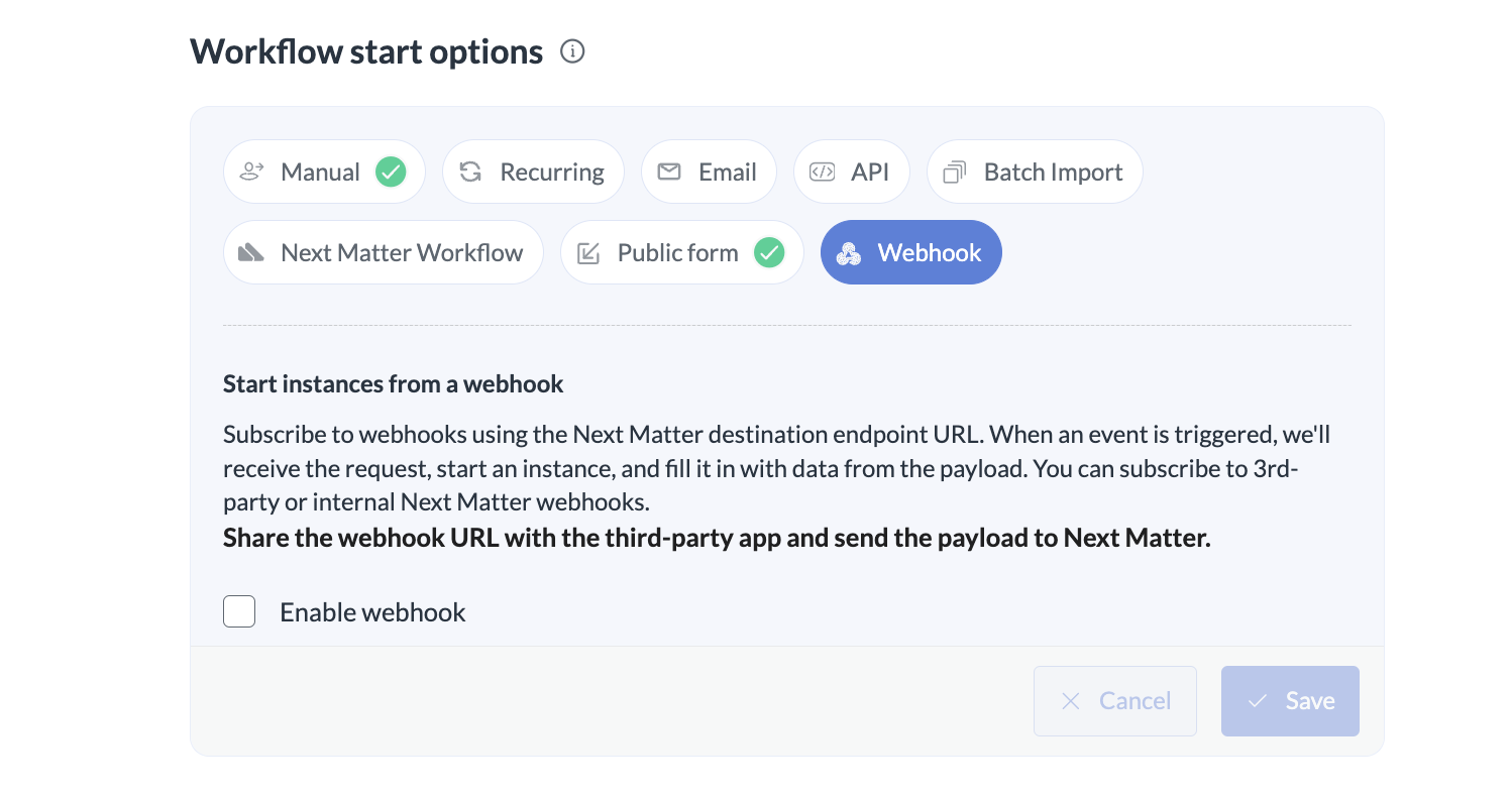 Image of workflow start options in the workflow overvieww with webhook selected