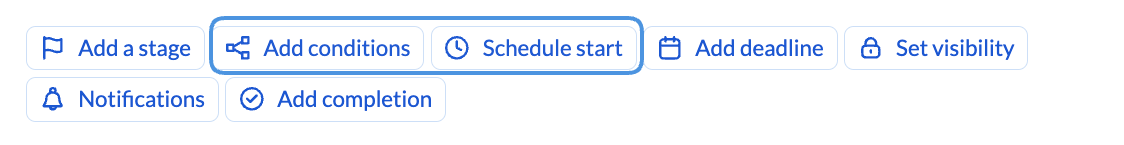 Image of the schedule start and add conditions buttons on the step setup page