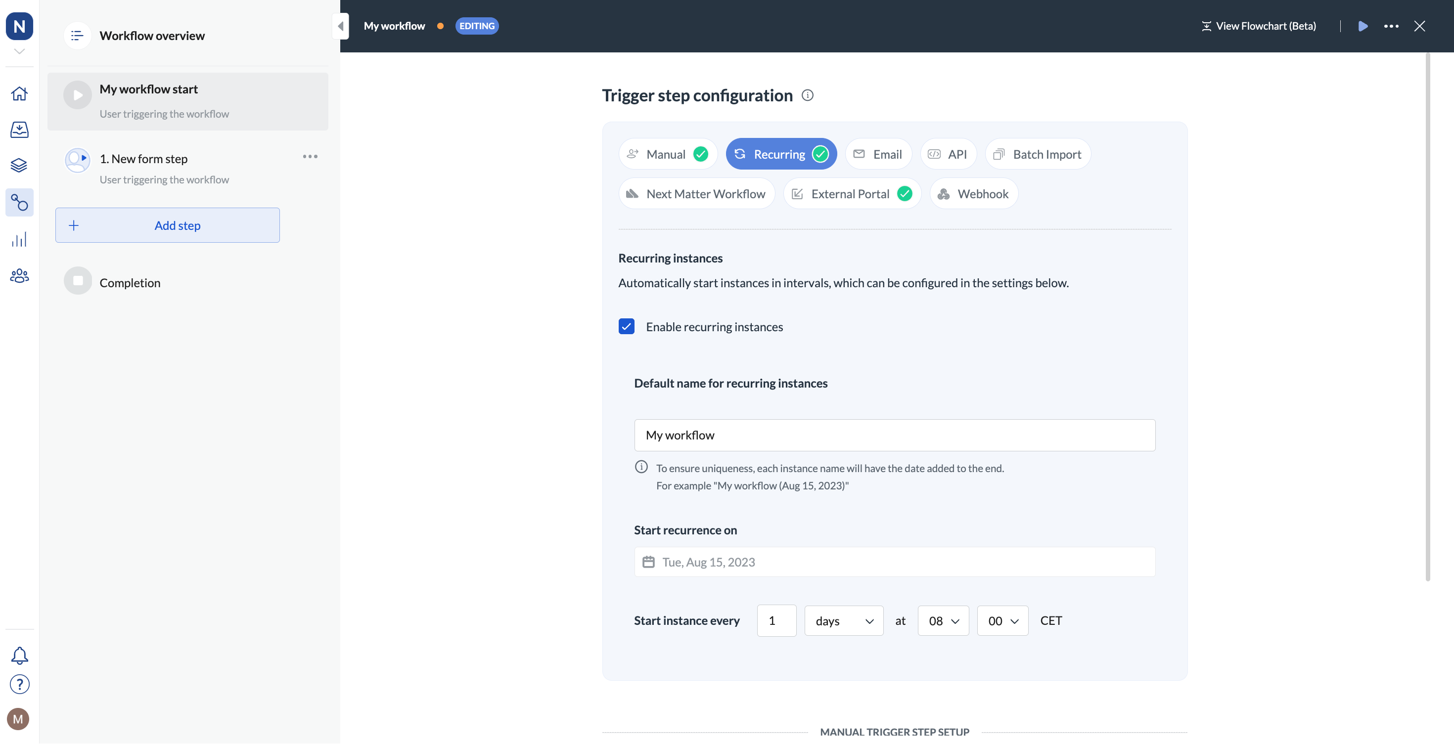 Image of the start workflow options section in the workflow overview with the recurring option highlighted