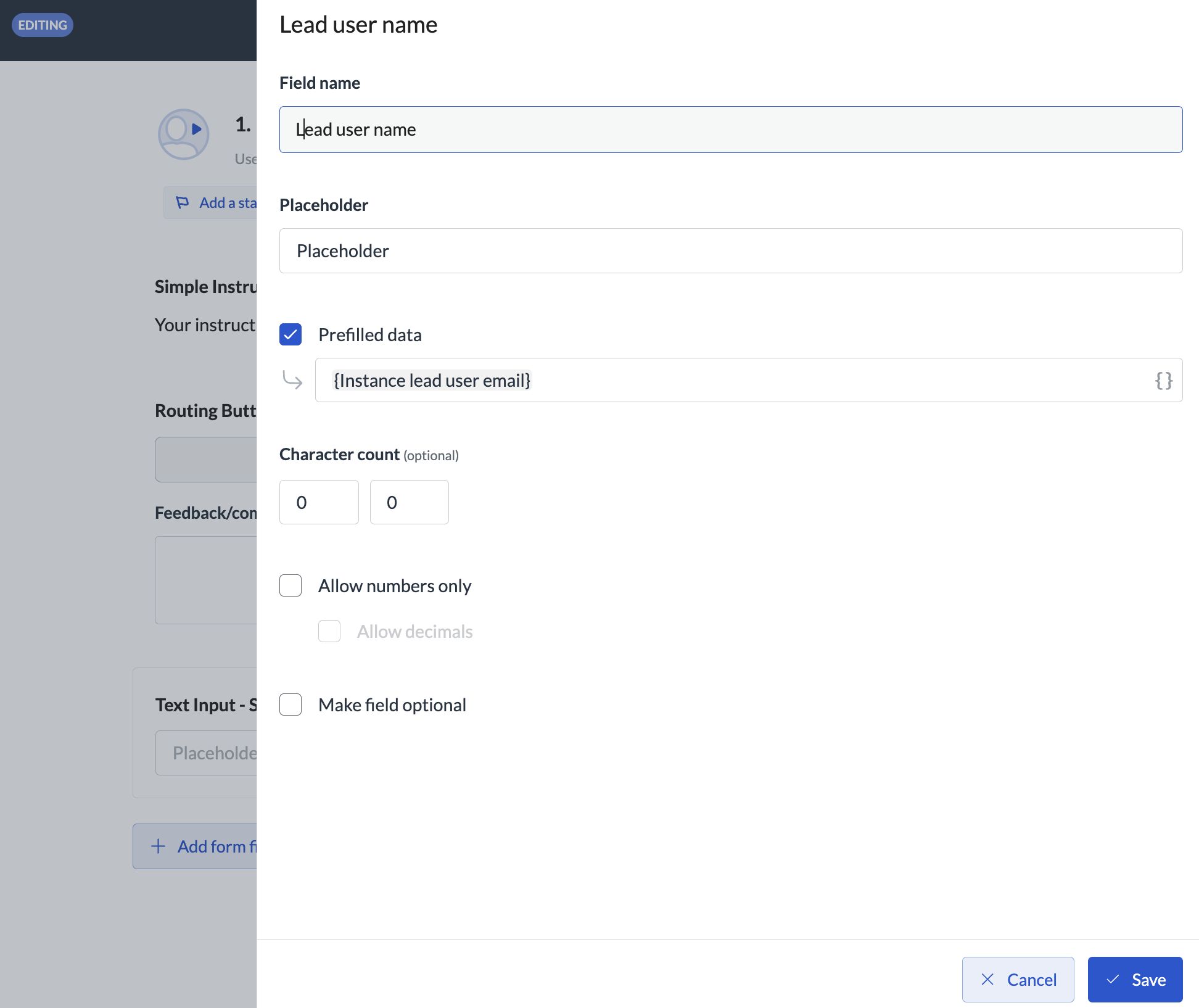Image of prefilled data field on the form field setup page
