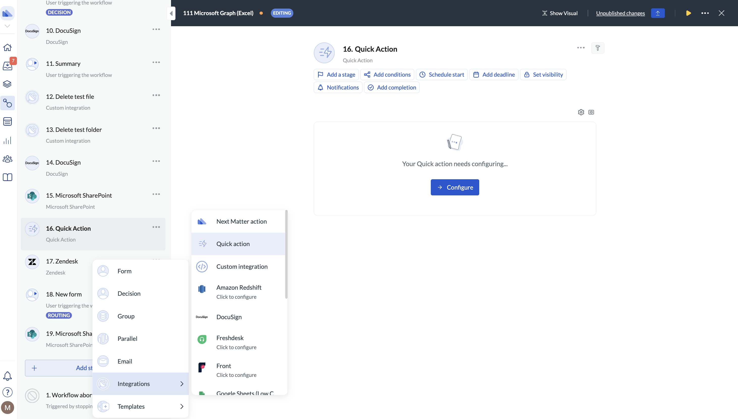 Image of Next Matter quick actions in the Intergrations selection