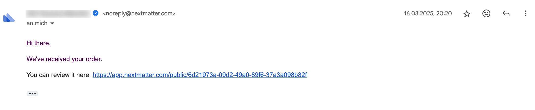 Image of the email with the link to track request progress