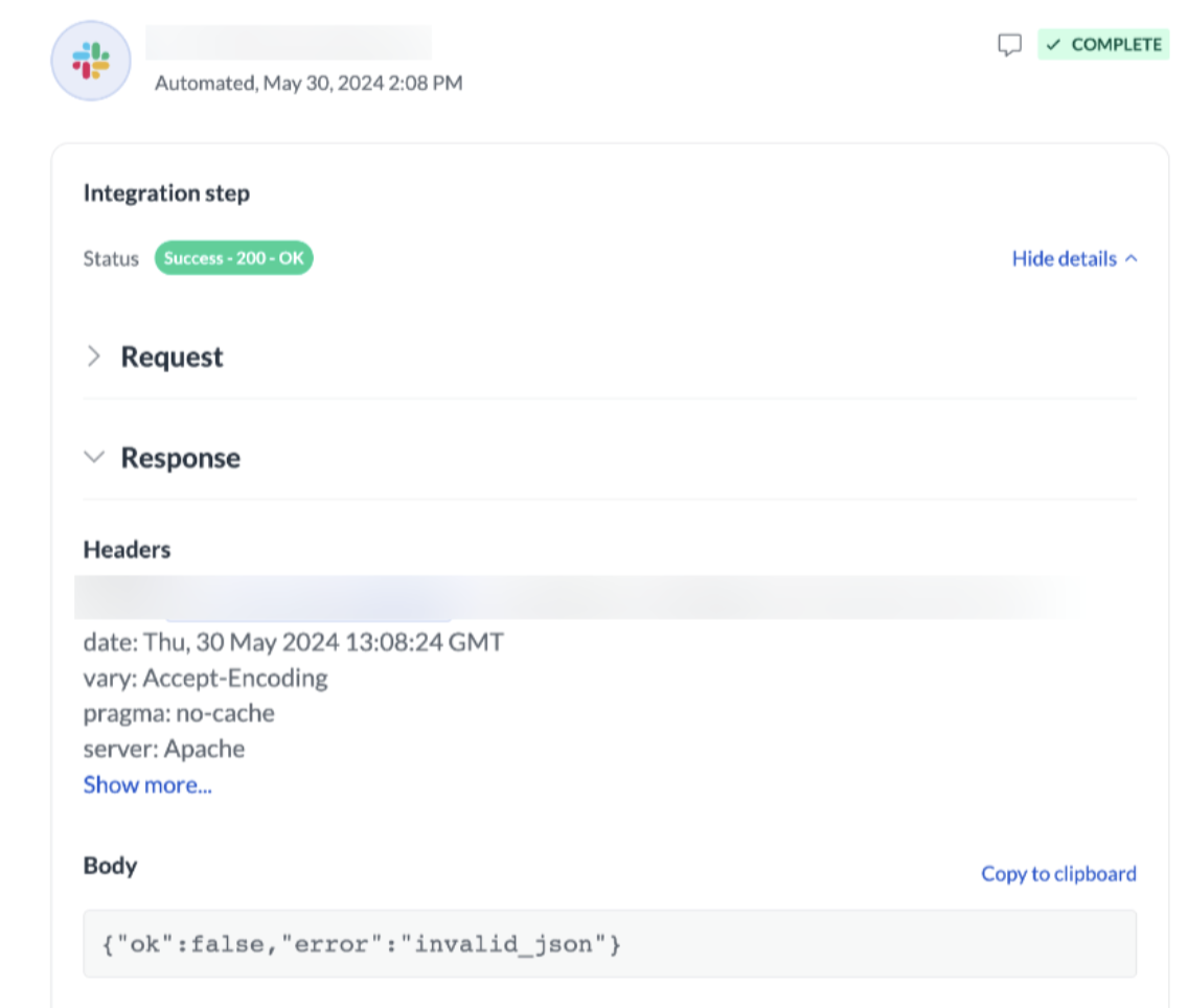 Image of a successful result of Slack no-code integration