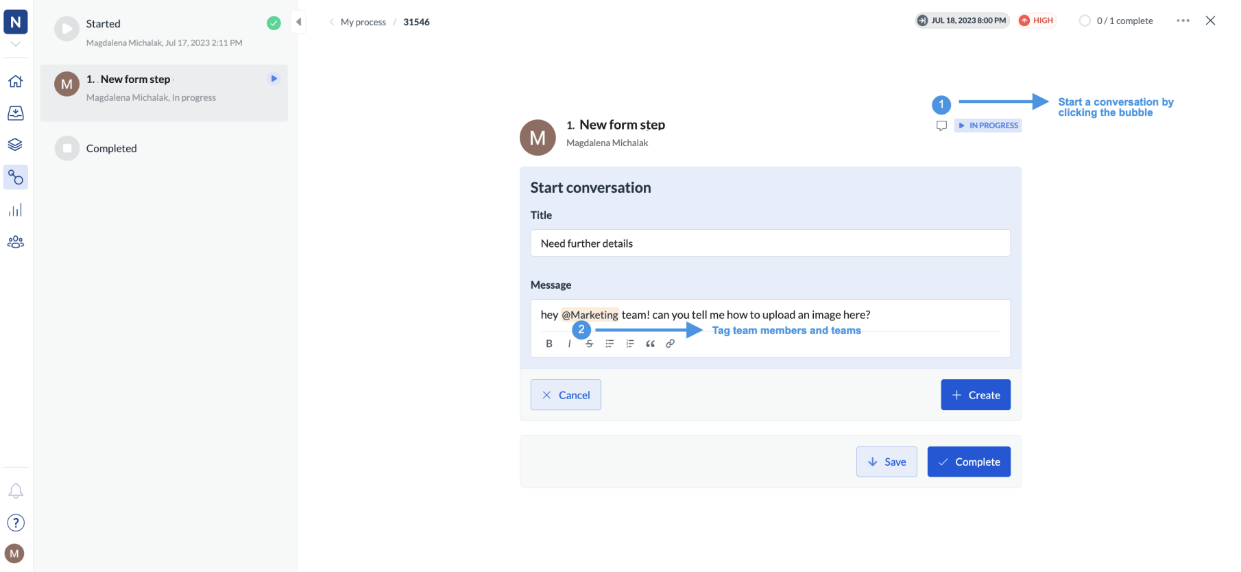 Image showing how to start a conversation in workflows