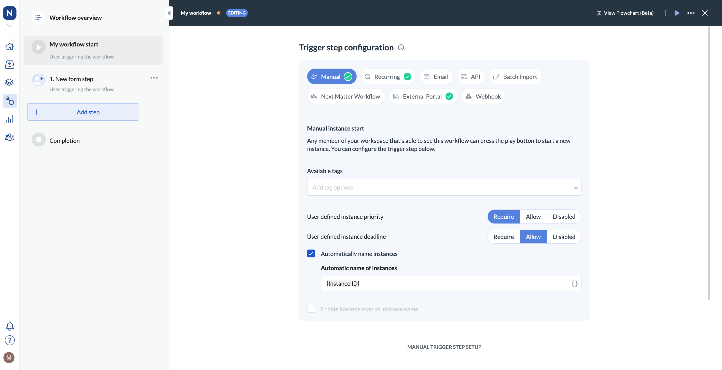 Image of the start workflow options section in the workflow overview with the manual option highlighted