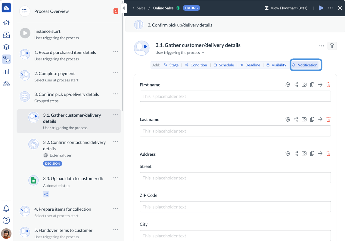 Image of the notifications button in step setup