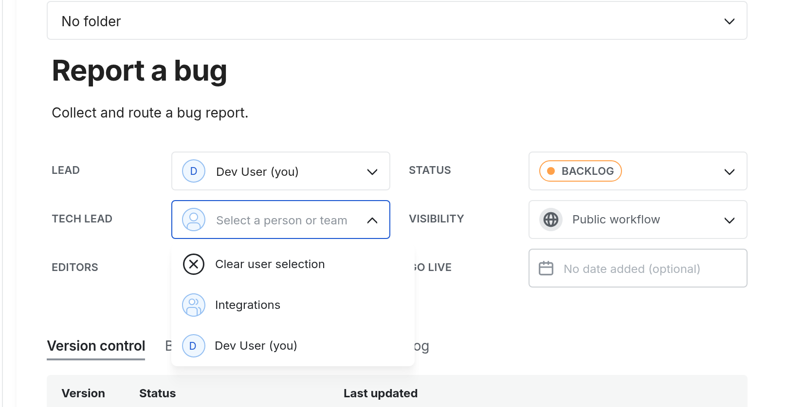 Image of the Tech lead field on the workflow overview, with the option to select a person or a team