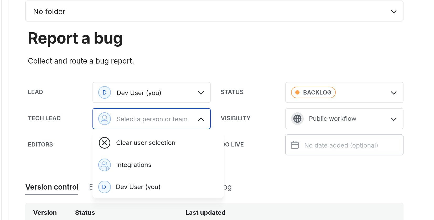 Image of the Tech lead field on the workflow overview, with the option to select a person or a team