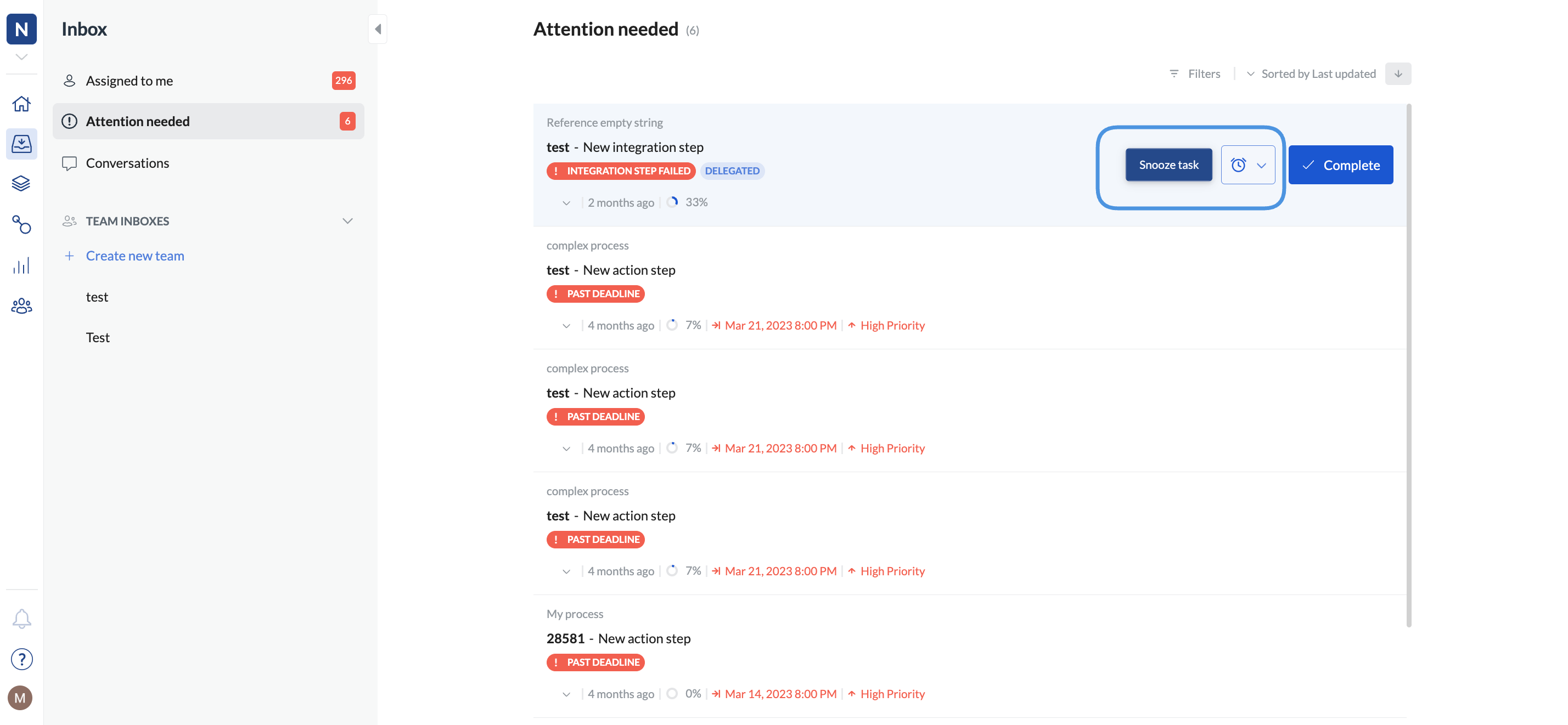 Image of the Inbox with the Snooze button next to task