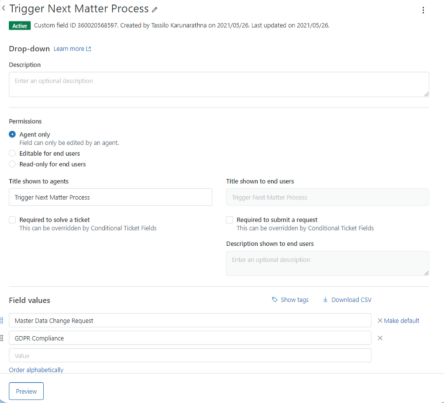 Image of the Add field screen in Zendesk