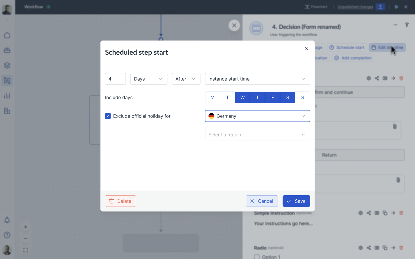 Image of the exclusions pop-up available when you set up step start
