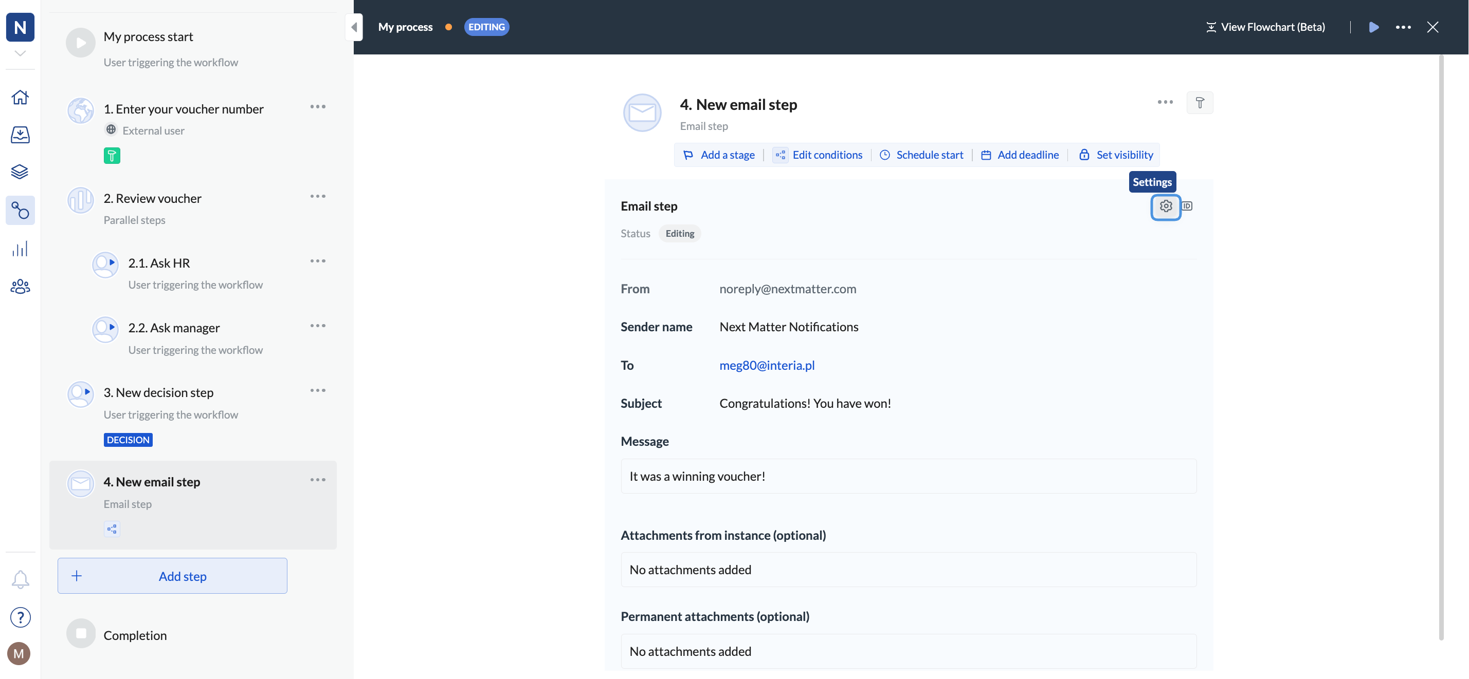 Image of the email step with the settingas icon highlighted