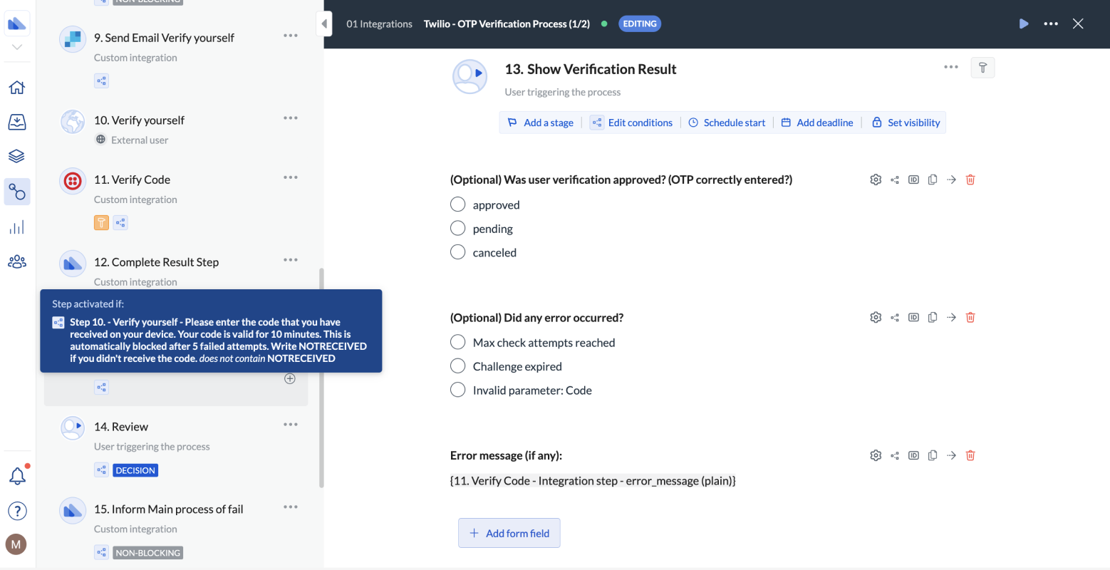 Image of the form step with a fields asking to specify the verification result