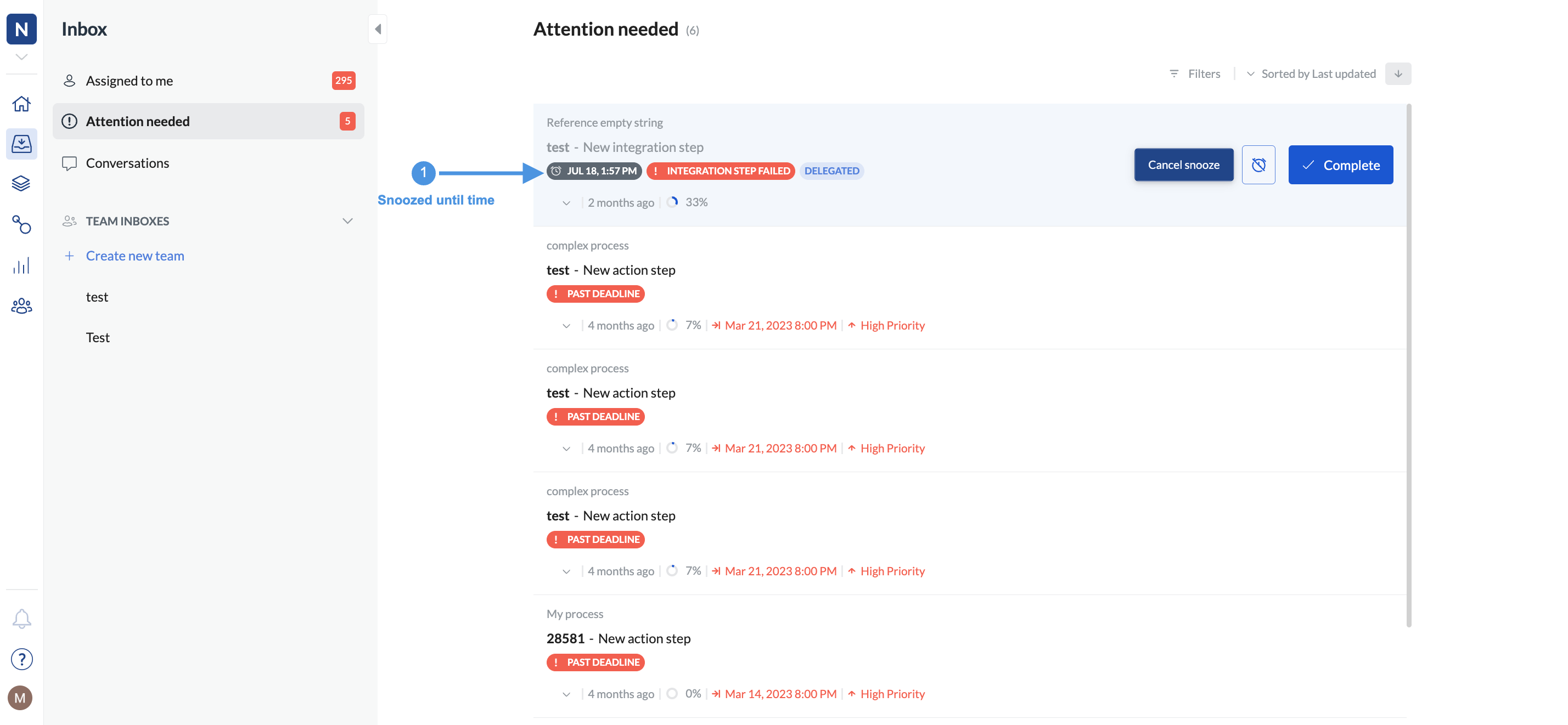 Image of the inbox with the Snoozed filtrer applied