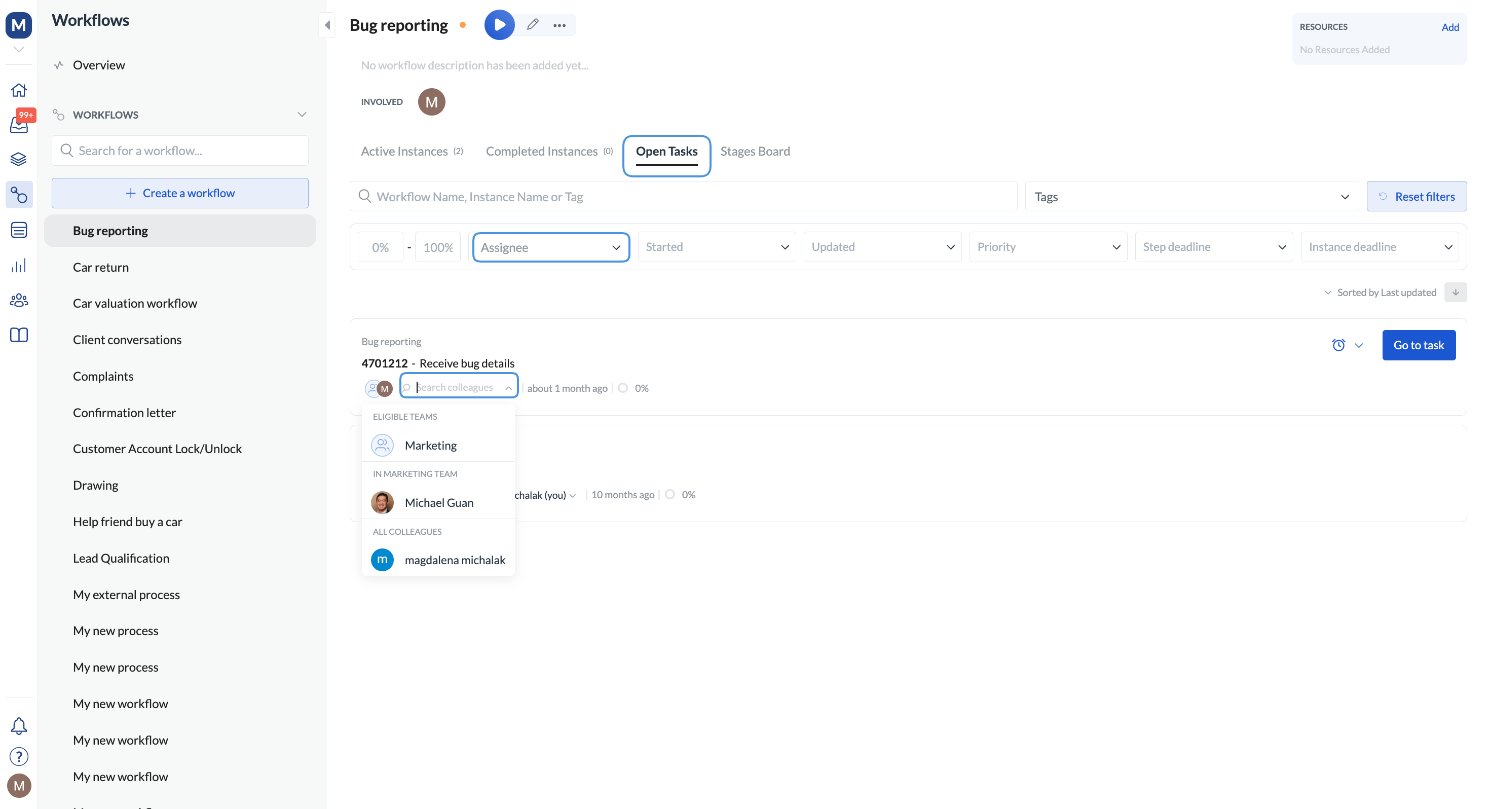 Image of the assignee dropdown on the Open Tasks page